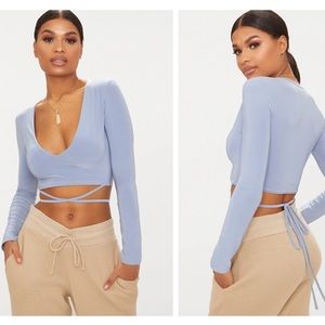 Powder Blue Silky Long Sleeve Tie Waist Crop